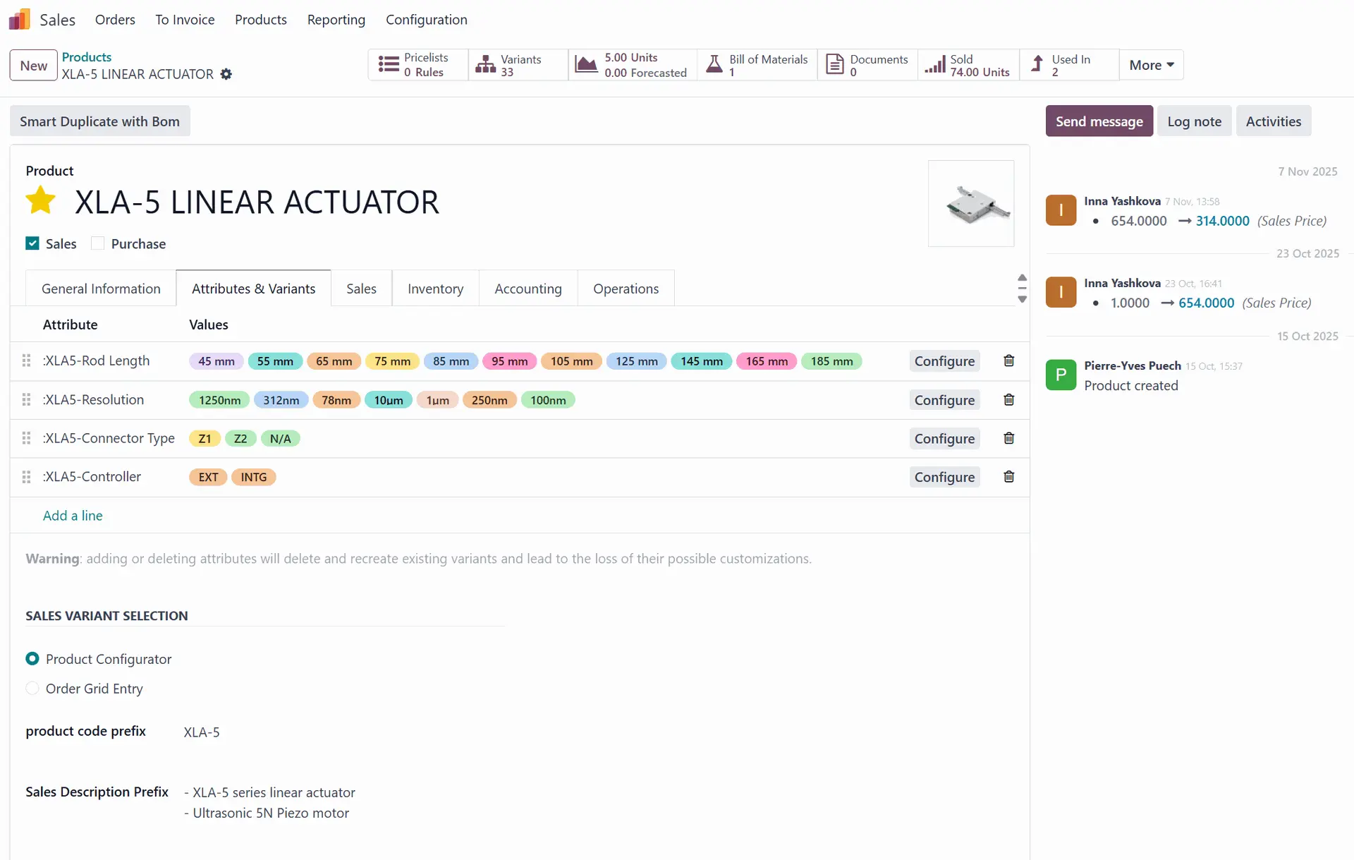 Tableau de bord Odoo de traçabilité complète et de gestion de la qualité pour Xeryon