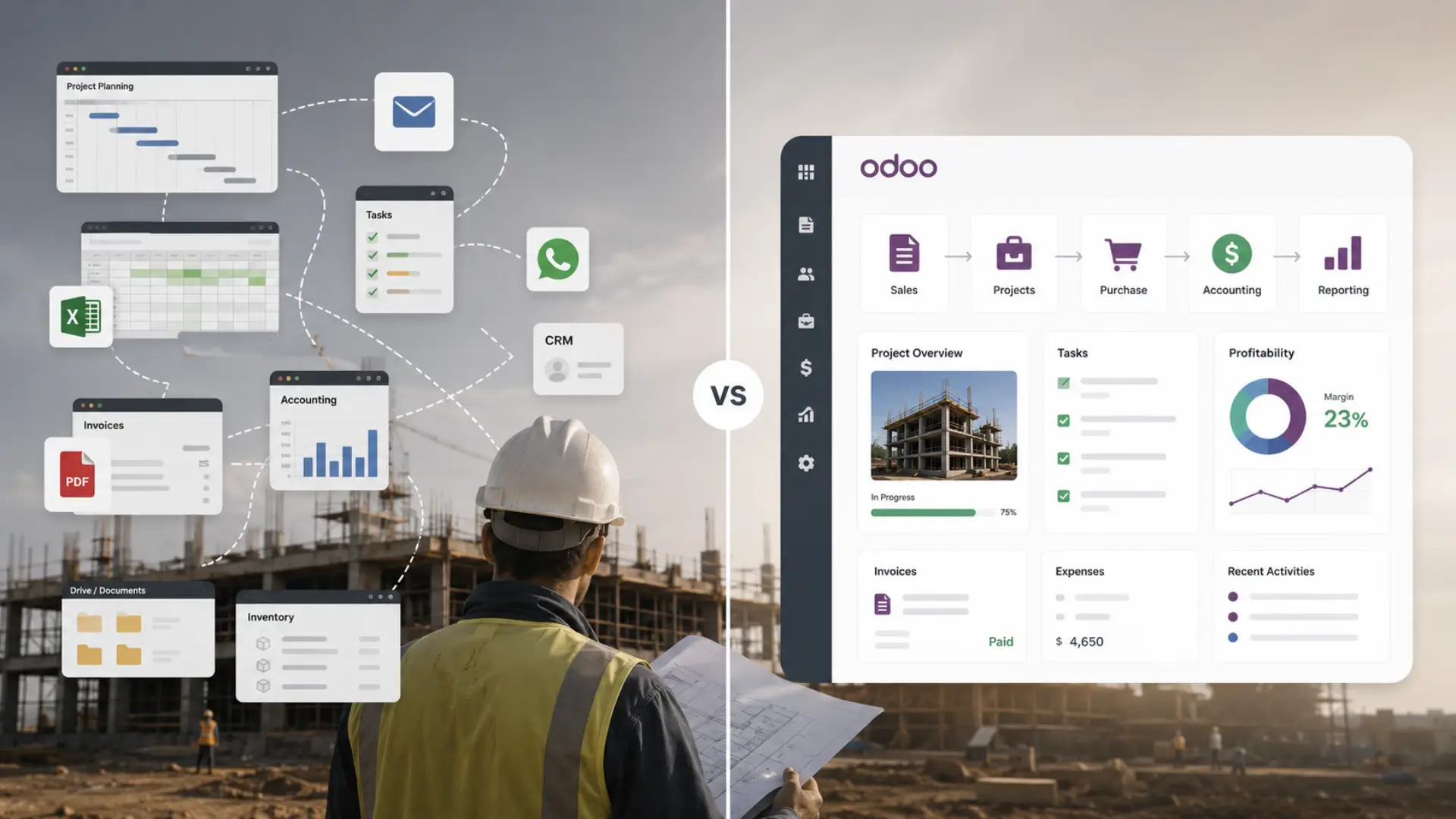 La comparaison entre Odoo et Excel montre la différence entre un ERP intégré et un outil de tableur classique.