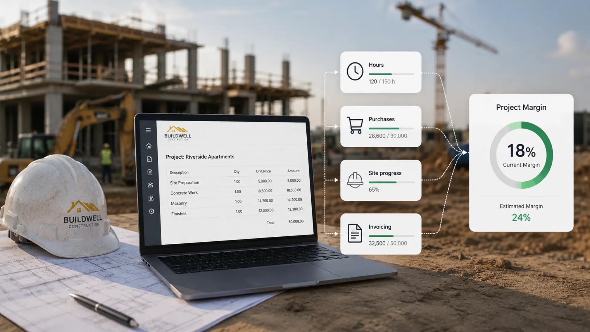Tableau de bord Odoo comparant la marge réelle et la marge estimée d'un chantier en temps réel